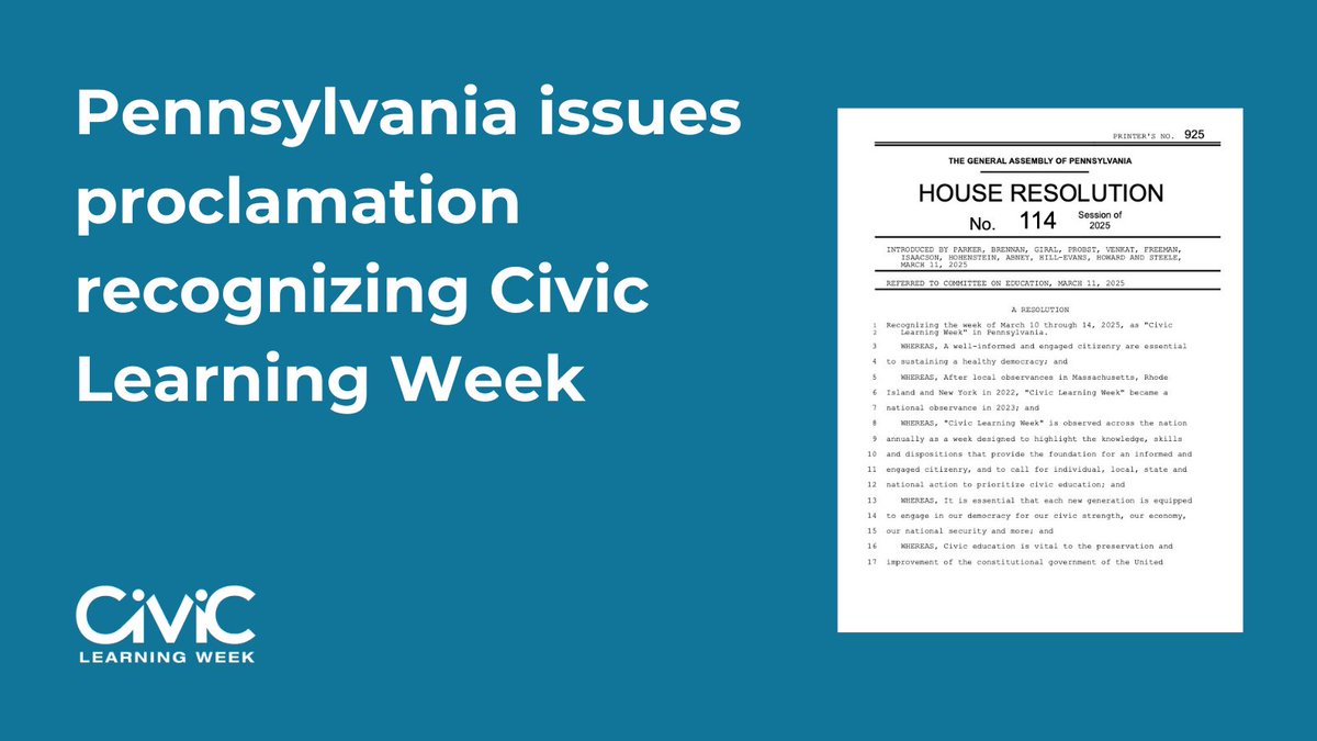 The Pennsylvania legislature recently passed House Resolution 114, recognizing March 10-14 as #CivicLearningWeek. Thank you <a href="/PaLegis/">PA Legislature</a> for uplifting and affirming civic education in the Keystone State!