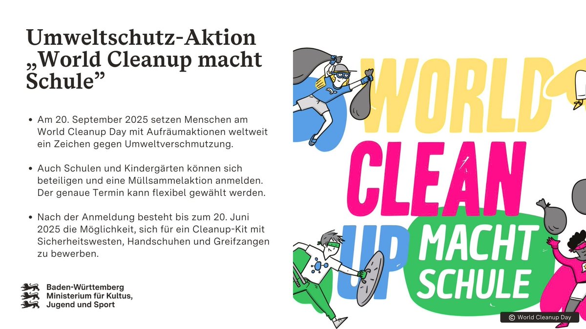 Müll sammeln für den Umweltschutz🌎Die Initiative „World Cleanup macht Schule“ möchte junge Menschen für #Umweltschutz begeistern. Bis zum 20.06. können Schulen &amp; Kitas ihre Müllsammelaktion registrieren und sich für ein kostenfreies Cleanup-Kit bewerben👉worldcleanupday.de/world-cleanup-…