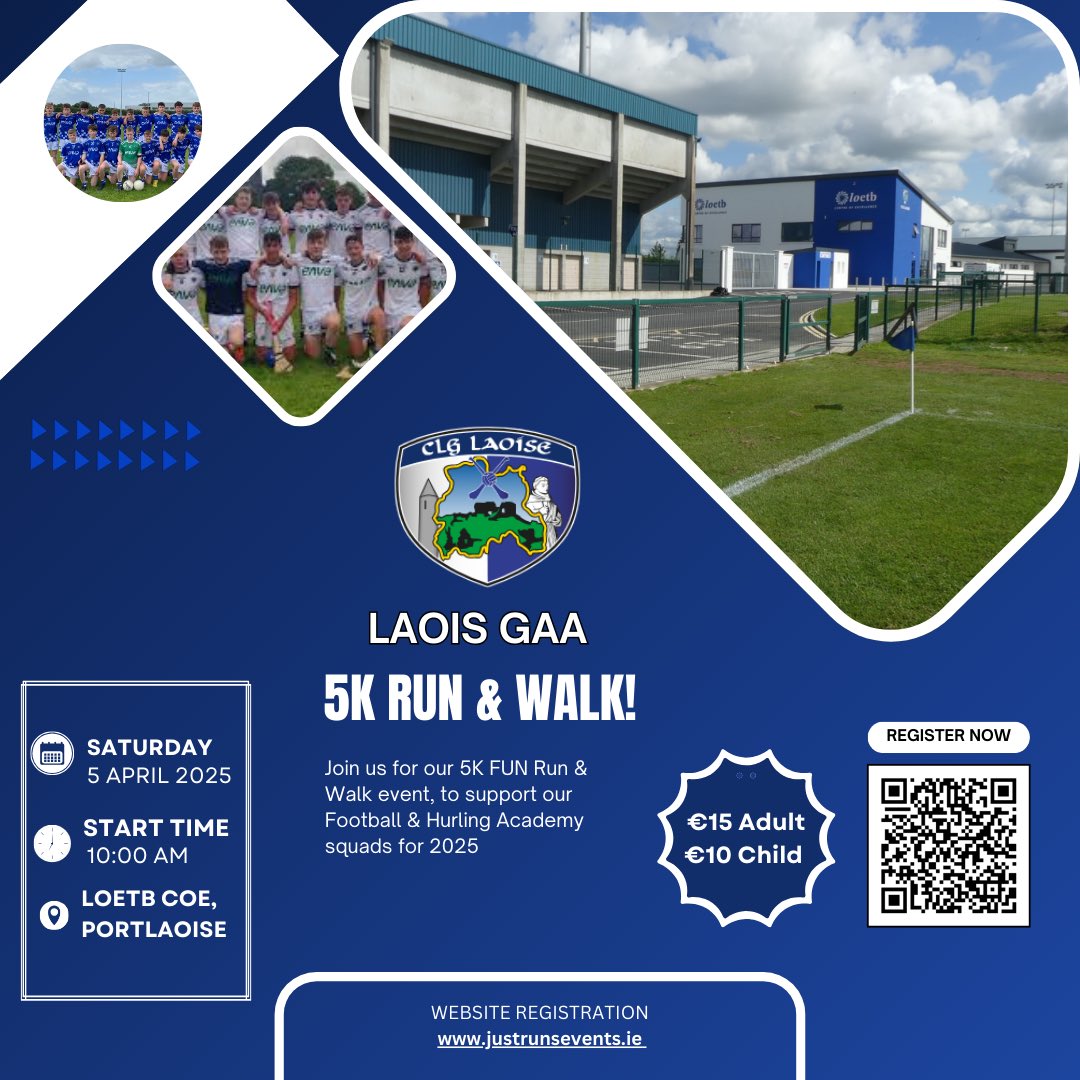 <a href="/CLGLaois/">Laois GAA</a> 5K Fun Run &amp; Walk 🚶‍♂️ 🏃‍♂️ 

Just over a week to go before our 5K Fun Run &amp; Walk. 

This event is to raise funds and support our academy teams. 

🎫 Race Timing &amp; Chip Timing Event
✍️ in.njuko.com/laois-gaa-5k-f…

📆 Saturday 5th April
⌚️ 10AM
📍 LOETB COE, Portlaoise