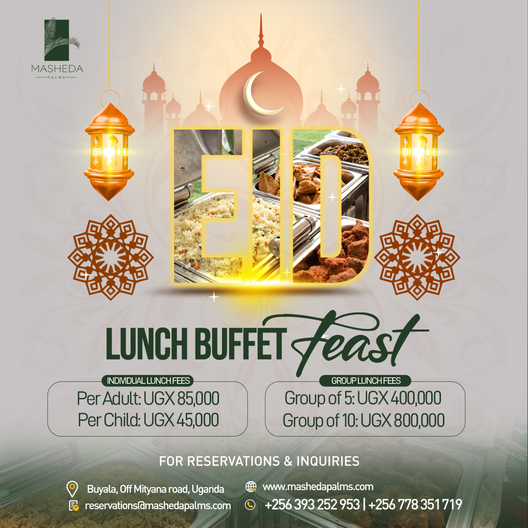 MashedaPalms's tweet photo. 🌙✨ Celebrate Eid with a Grand Feast at Masheda Palms Resort! 🍽️🌿Indulge in a sumptuous buffet with festive delights. Limited slots available - book now! 📞 +256 393 252 953 / +256 778 351 719 #EidFeastAtMasheda #EidBuffet #MashedaMoments https://t.co/mDlULGPtUG