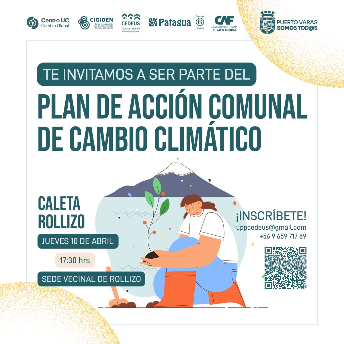 ¡Plan de Acción Comunal de Cambio Climático!

📆 Durante la segunda semana de abril se desarrollarán los talleres que buscan construir el Plan de Acción Comunal de #CambioClimático junto a los vecinos y vecinas de #PuertoVaras.

Participar en:
docs.google.com/forms/d/e/1FAI…