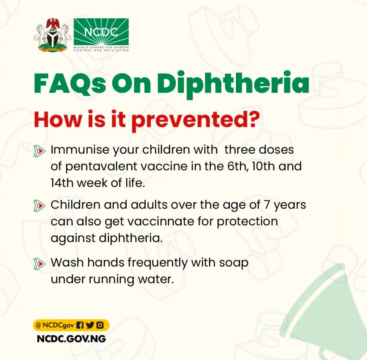 NCDCgov's tweet photo. Diphtheria is a vaccine preventable disease!💉

Children should receive 3 doses of the pentavalent vaccine at:
📅 6th week,
���� 10th week, and
📅 14th week of life

Vaccination protects your child and the community!

#Diphtheria #VaccinesWork #NCDCNigeria https://t.co/5iy0bZG59n