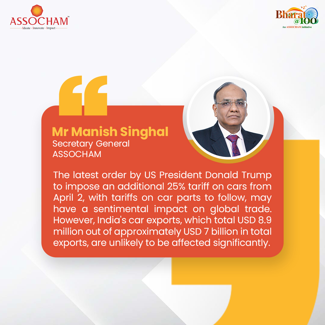 ASSOCHAM4India's tweet image. Mr Manish Singhal, Secretary General, #ASSOCHAM, underlines that India&apos;s automobile sector remains resilient and stable, with no significant impact anticipated from the latest US tariffs. 

#AutomobileSector