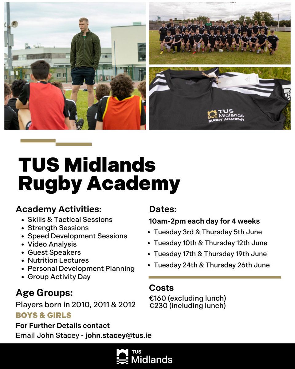 TUS Sport are delighted to confirm that our Rugby Academy will be running this summer 🏉
This is a great opportunity for aspiring rugby players to learn from expert coaches and understand what it takes to be a professional athlete 💪🏼