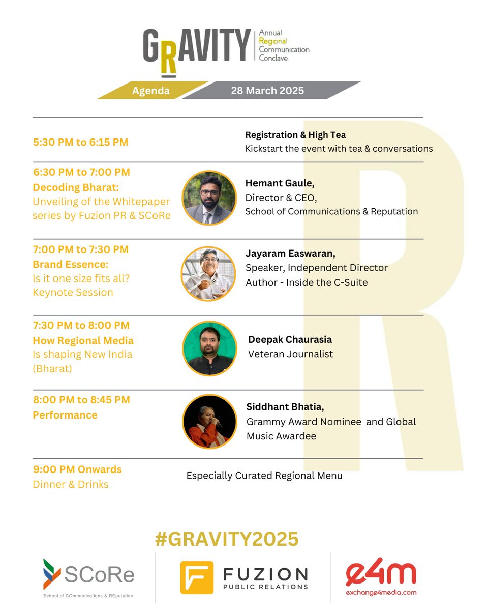 gRavity 2025 is here!

Join us for an evening of insights and conversations at the Third Edition of gRavity in New Delhi on March 28, 2025.

⏩ What to Expect?

🔹 Unveiling "Decoding Bharat" – A whitepaper series by SCoRe Insights and Fuzion PR
🔹 Keynote by Jayaram Easwaran –