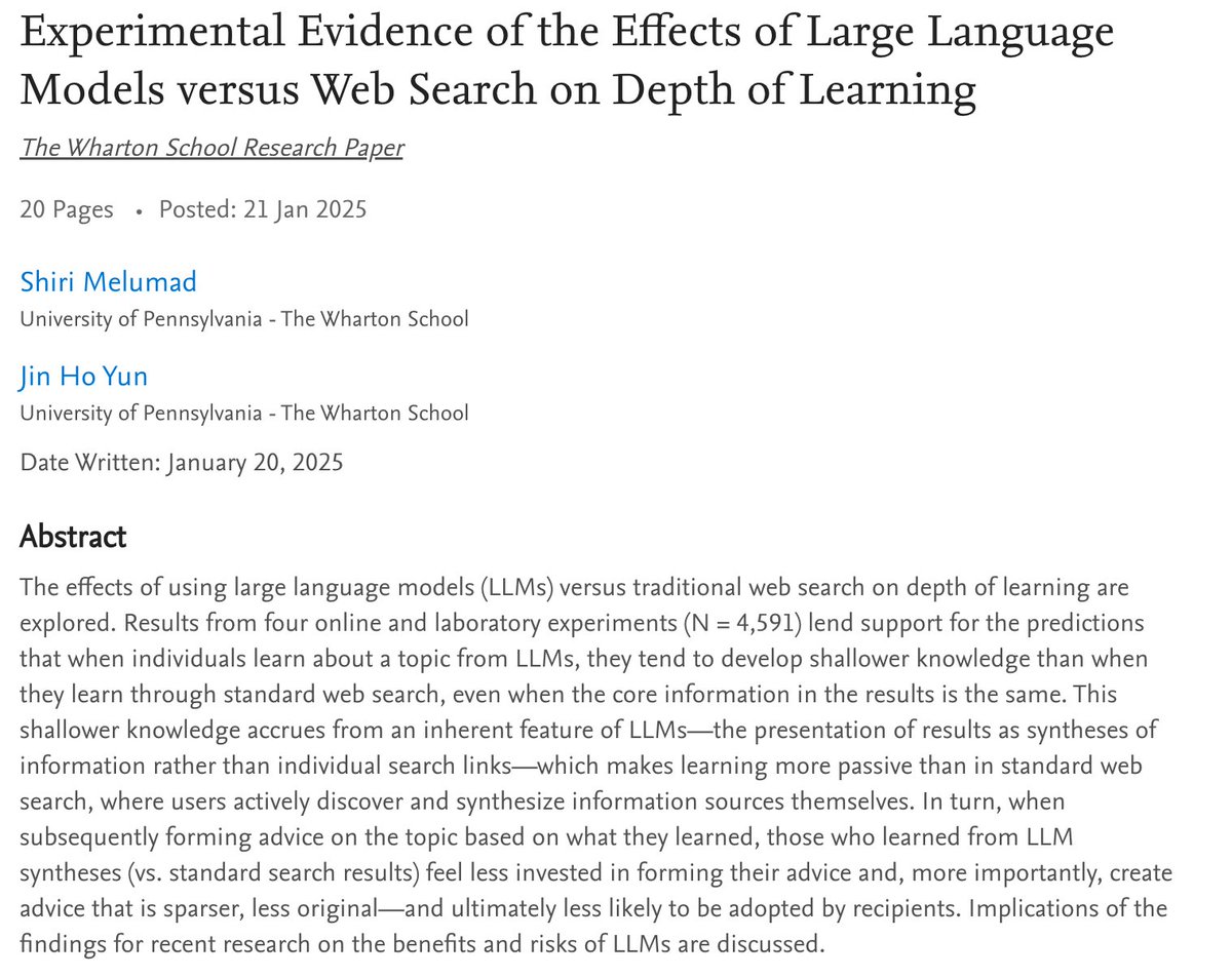 Excellent new paper on depth of learning from LLMs. Studies using large samples show LLMs like ChatGPT leads to shallower learning compared to using more traditional means like web search. When people rely on AI-synthesized answers, they develop less knowledge depth.🧵