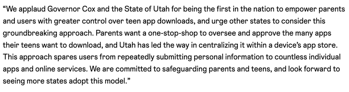 Wow! I applaud Utah for becoming the first in the world to require by law that app stores obtain parental consent for teens to download apps. Our joint statement with <a href="/X/">X</a> and <a href="/Snapchat/">Snapchat</a> here ⬇️