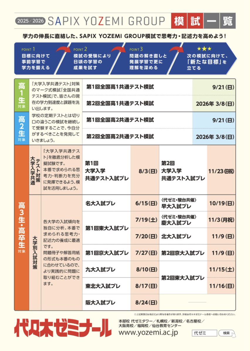 代ゼミ、河合塾、駿台の2025模試日程