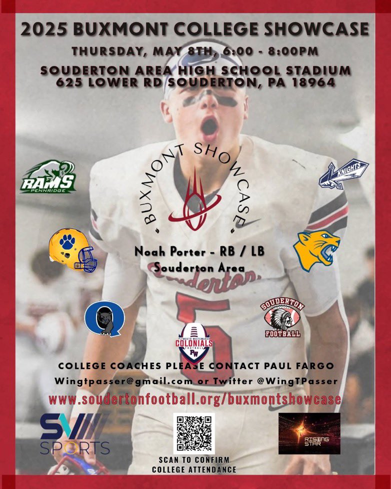 Noah porter (@noahporter22_) on Twitter photo Looking forward to displaying my talents with other premier PA athletes from the area at the 2025 Buxmount Showcase on Thursday, May 8th! @PRZPAvic <a href="/egallagher2/">Edward Gallagher</a> <a href="/MikeHea71374667/">The Real Coach Mike Heath</a> <a href="/WingTPasser/">Paul Fargo 🔴⚪️🏈🏆</a> <a href="/SoudyFB/">Souderton Football</a> <a href="/svsports/">SV Sports</a> <a href="/ArtisticMayhem1/">Michael Pietrangelo</a> <a href="/PARisingStar/">PA Rising Star</a> Looking forward to displaying my talents with other premier PA athletes from the area at the 2025 Buxmount Showcase on Thursday, May 8th! @PRZPAvic <a href="/egallagher2/">Edward Gallagher</a> <a href="/MikeHea71374667/">The Real Coach Mike Heath</a> <a href="/WingTPasser/">Paul Fargo 🔴⚪️🏈🏆</a> <a href="/SoudyFB/">Souderton Football</a> <a href="/svsports/">SV Sports</a> <a href="/ArtisticMayhem1/">Michael Pietrangelo</a> <a href="/PARisingStar/">PA Rising Star</a>