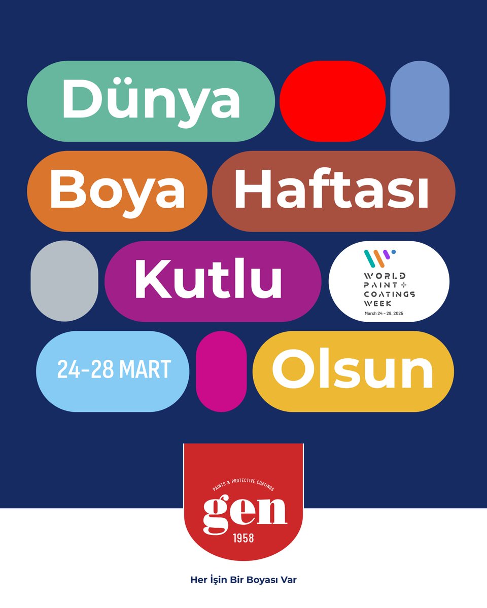 Her İşin Bir Boyası Var. / There’s a Gen for Each Work.
1958’den bu yana hayatı renklendiriyoruz. / Coloring life since 1958.
#DünyaBoyaHaftası #WorldPaintandCoatingsWeek #GenBoya #WCC #Boyadeğerkatar #TheresAGenForEachWork