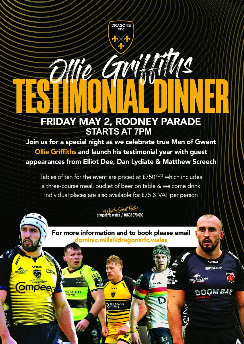 🍴𝗧𝗘𝗦𝗧𝗜𝗠𝗢𝗡𝗜𝗔𝗟 | Just a few days until <a href="/griffiths12895/">ollie griffiths</a>' Testimonial Dinner at <a href="/rodneyparade/">Rodney Parade</a> 🙌🏟️

📧 To book your place please email - 𝗱𝗼𝗺𝗶𝗻𝗶𝗰.𝗺𝗶𝗹𝗹𝘀@𝗱𝗿𝗮𝗴𝗼𝗻𝘀𝗿𝗳𝗰.𝘄𝗮𝗹𝗲𝘀 📨

#WeAreGwentRugby