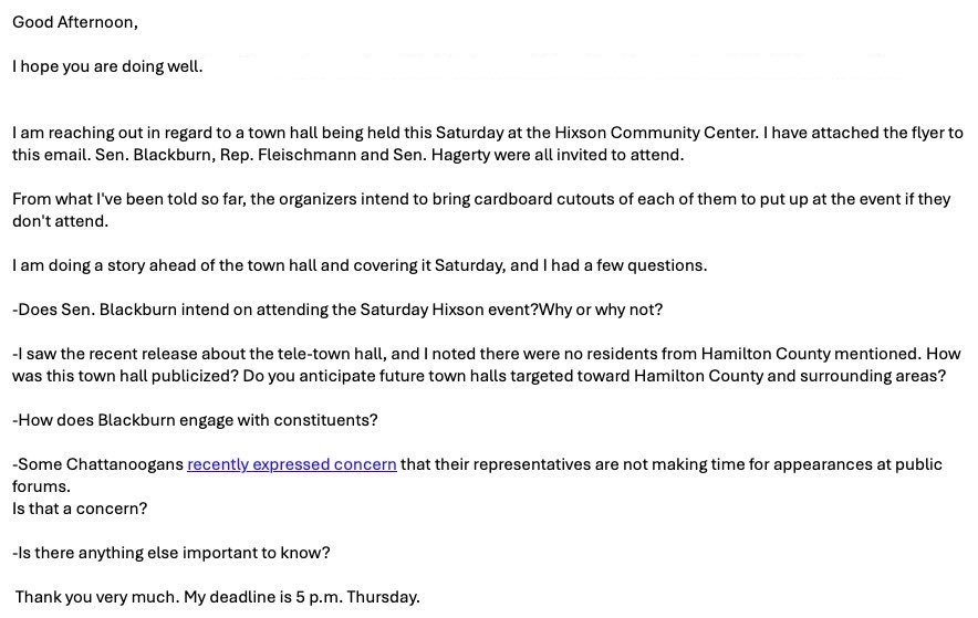 MarshaBlackburn's tweet photo. It is absurd that the @TimesFreePress would reach out requesting comment on a sham “townhall” that is being organized by radical left wing activists without disclosing that one of the organizers is a former reporter at the same outlet. 

Political stunts like these are why trust in the media is at an all-time low.