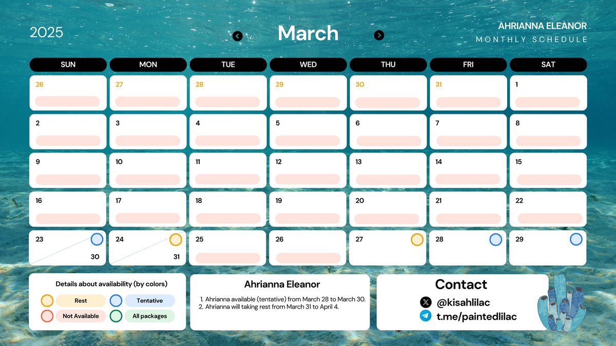 𓈒🌊 The Oceanite's schedule.

Ahrianna Eleanor's (@pluofie) availability for March. Ann's availability is tentative from March 28th to March 30th.

You can contact me on telegram for booking a session with her. 💙