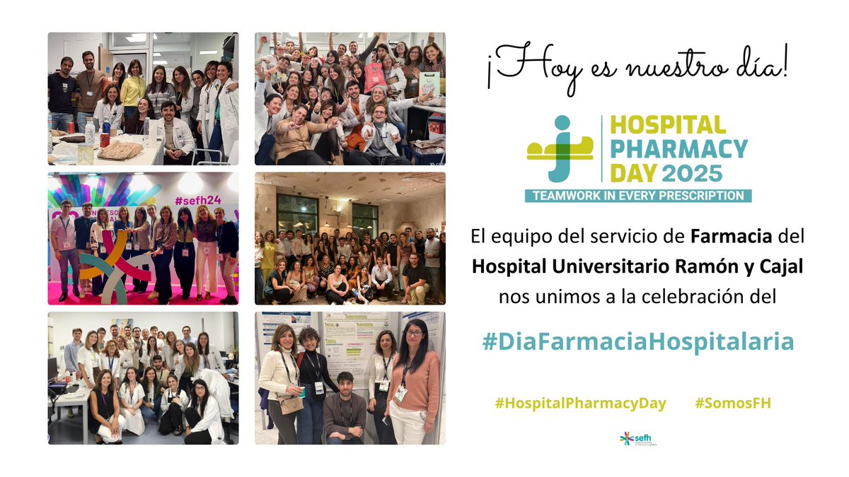 Desde la Farmacia del Hospital Ramón y Cajal os deseamos un feliz #DiaFarmaciaHospitalaria 

🏥👩‍⚕️💊🔬📚

Un día para poner en valor nuestro trabajo diario y hacer equipo, tal y como propone el lema de este año: "Teamwork in every prescription"

#HospitalPharmacyDay #SomosFH