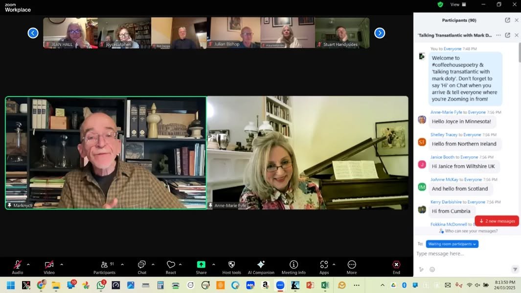 Anne-Marie Fyfe (@annemarie_fyfe) on Twitter photo Great to chat to Mark Doty, in #talkingtransatlantic, about the past winter past on his Hudson Valley farm (after years in NYC), & hear him read new poems & reflect, in conversation with <a href="/CLDallat/">Cahal Dallat</a>, on urban v rural, form v freedom, the quotidian & the numinous, & so much more... Great to chat to Mark Doty, in #talkingtransatlantic, about the past winter past on his Hudson Valley farm (after years in NYC), & hear him read new poems & reflect, in conversation with <a href="/CLDallat/">Cahal Dallat</a>, on urban v rural, form v freedom, the quotidian & the numinous, & so much more...