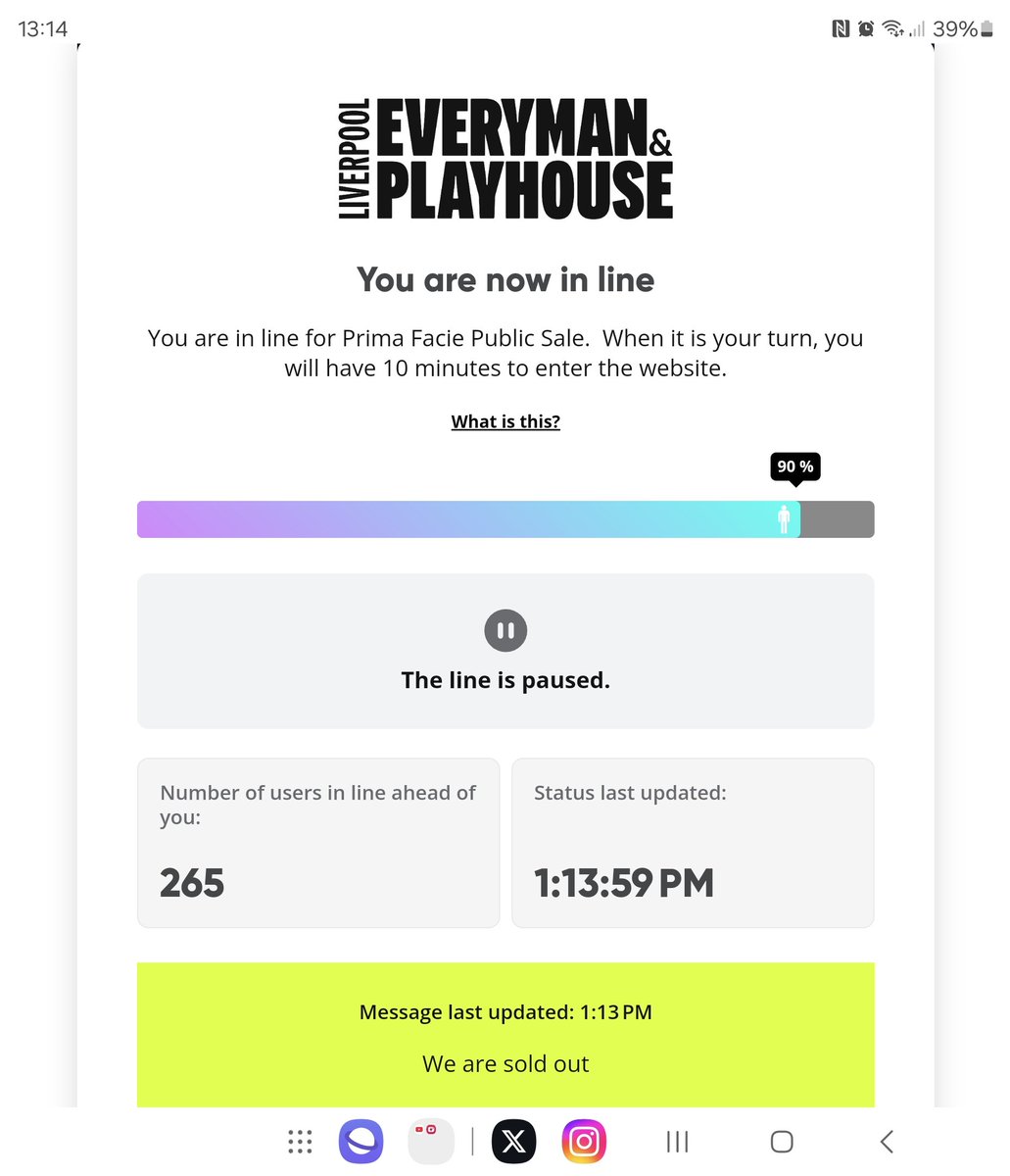 Devastated how close i was to getting Prima Facie liverpool tickets 😢 😭 was in the que for over an hour 😫
