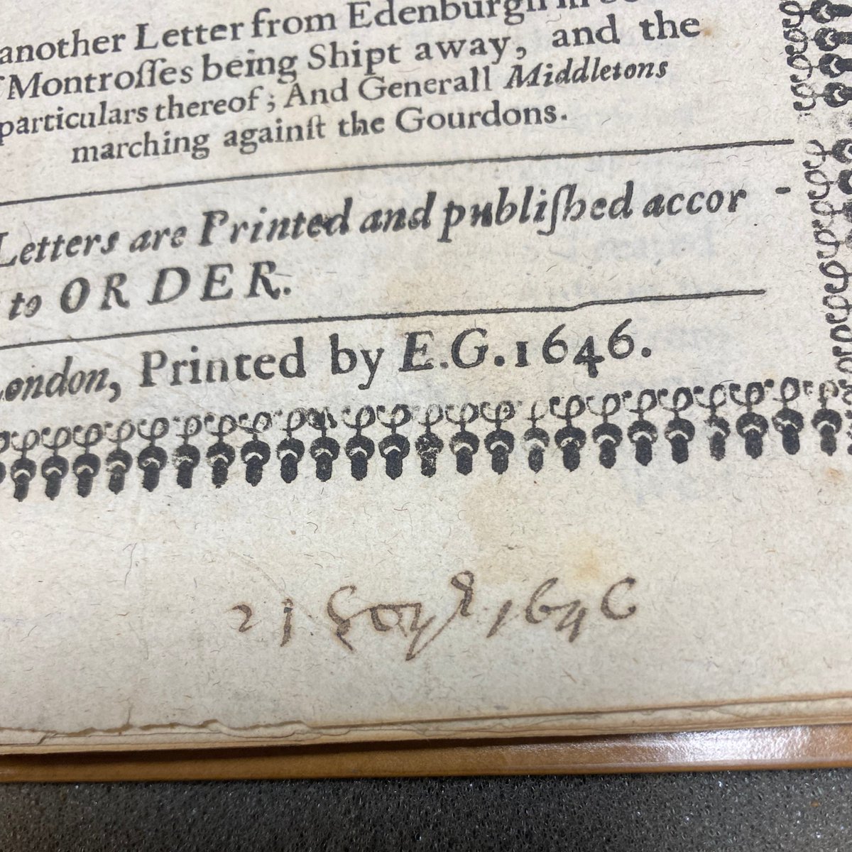 Can you help?
One of our Bequest students is working with our Civil War Tracts (early published items relating to the English Civil War). She's came across the note at the bottom of page, we think it might be a date (21 Sept 1646), but is it?

Ref. Bradshaw 942.062 LET