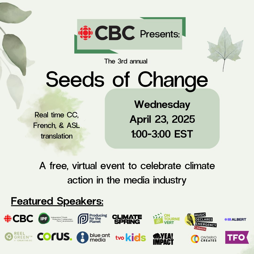 Looking forward to Seeds of Change: a free, virtual event for Canada’s media industry to help you stay informed and take action on our changing climate.

🗓️ Date/Time: Wednesday, April 23, 2025, @ 1-3pm ET

eventbrite.ca/e/seeds-of-cha…