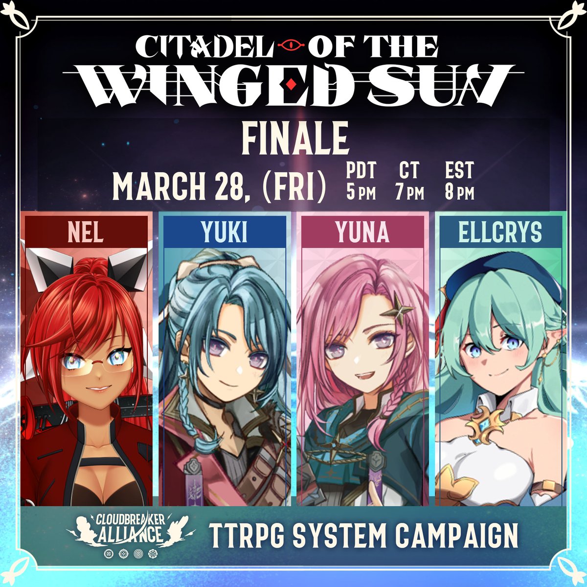 🎉TOMORROW!🎉
The final episode of our CBA campaign will be streamed on YouTube March 28st: 📷CT: 7pm, 📷EST: 8pm  Players:
<a href="/duoleveling/">Yuki & Yuna | Twin Vtubers</a>, <a href="/EllcrysVT/">Ellcrys 『エルクリス』🧪 Alchemist VTuber</a> &amp; <a href="/NelCelestine/">Nel | 🗡️ Rogue ENVtuber</a>
GM: <a href="/CJLeung_DST/">Ya Bro🌟CJ</a>
Catch us on these channels same time every week: Don’t Stop Thinking -