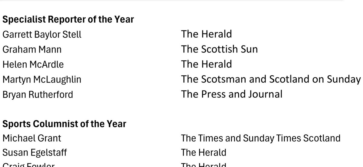 Lovely surprise to be nominated again for Specialist Reporter of the Year at the #ScottishPressAwards2025 alongside fabulous former colleague <a href="/stell_garrett/">Garrett Stell</a>, <a href="/MartynMcL/">Martyn McLaughlin</a> <a href="/BryanRutherford/">Bryan Rutherford</a>
&amp; Graham Mann.
Once a journalist, always a journalist😊❤️✍️ Good luck everyone🙌