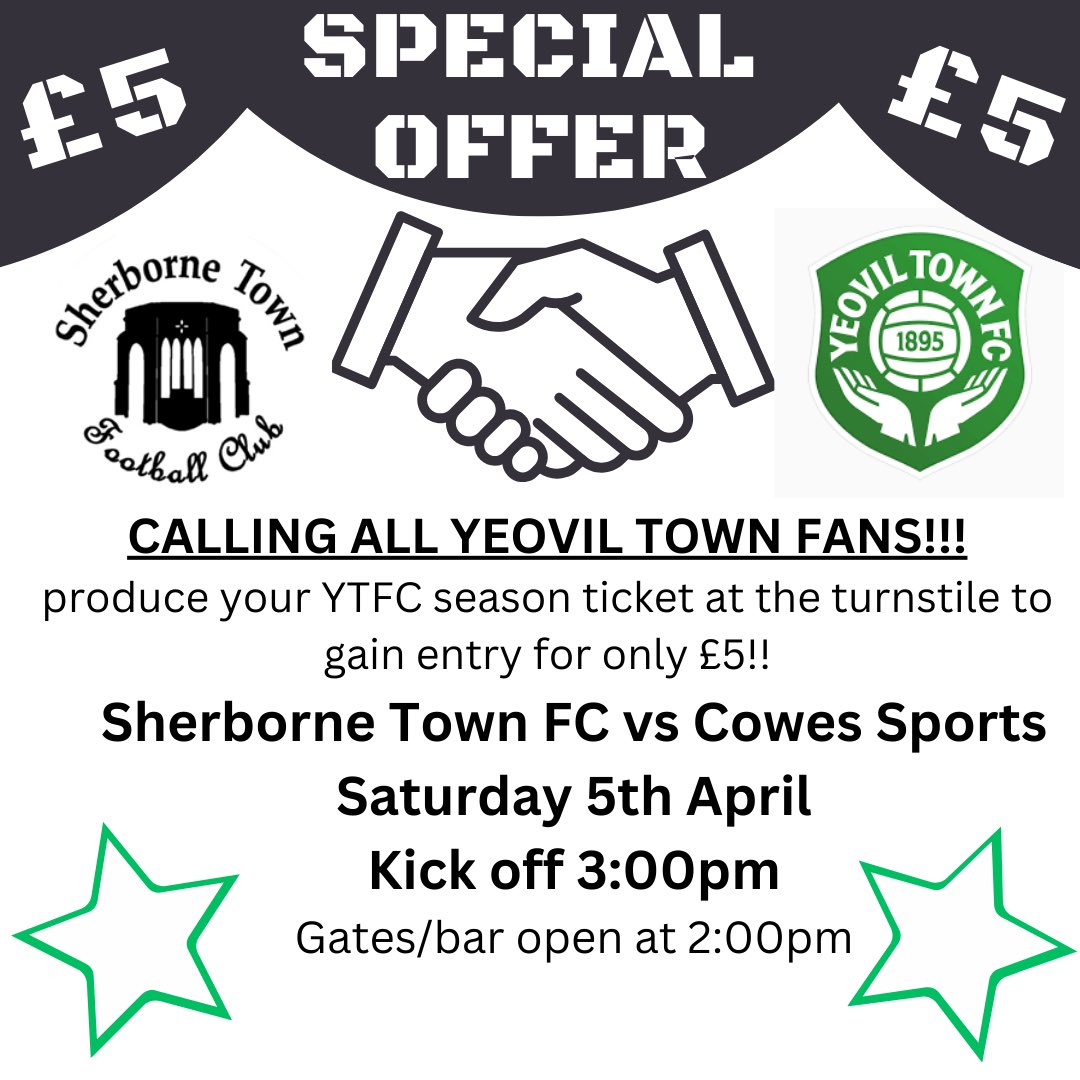 Calling all <a href="/YTFC/">Yeovil Town FC</a> supporters while Yeovil are away on Saturday 5th April we are offering entry for only £5!! Please produce your 2024/2025 season ticket at the gate as we host <a href="/CowesSportsFC/">Cowes Sports FC - The Yachtsmen</a> #Zebras #COYZ <a href="/WessexLeague/">Velocity Wessex League</a> <a href="/swsportsnews/">South West Sports News</a> <a href="/Abbey_104/">Abbey104</a> <a href="/sherbornetimes/">Sherborne Times</a> <a href="/NonLeagueCrowd/">Non League Crowds</a>