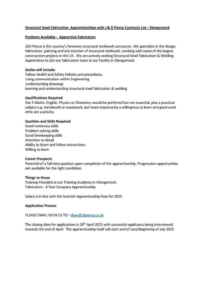 DYW Ayrshire (@dywayrshire) on Twitter photo Apprenticeship opportunities! J&D Pierce are actively seeking Structural Steel Fabrication & Welding Apprentices to join their fabrication team at their Facility in Glengarnock. Apply by sending a CV to - dlaw@jdpierce.co.uk Apprenticeship opportunities! J&D Pierce are actively seeking Structural Steel Fabrication & Welding Apprentices to join their fabrication team at their Facility in Glengarnock. Apply by sending a CV to - dlaw@jdpierce.co.uk