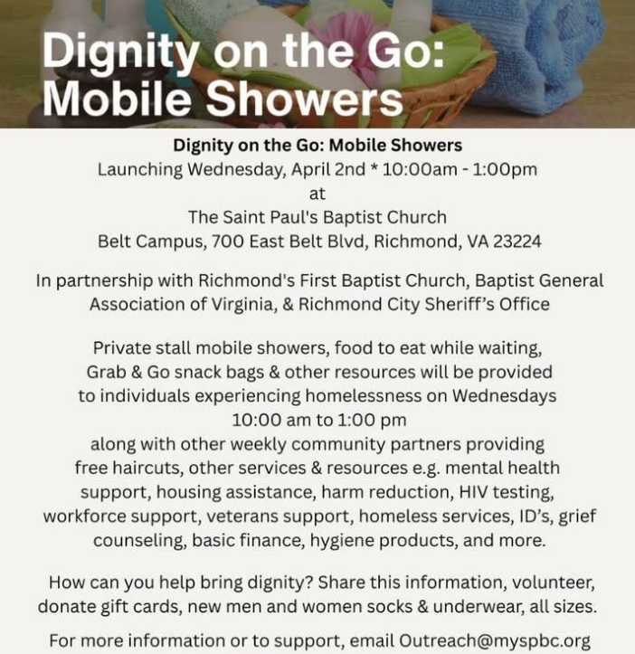 Dignity on the Go: Mobile Showers will launch 4/2 at <a href="/MySPBC_online/">MySPBC Everywhere</a>. Private showers, food + additional services &amp; resources will be offered to individuals experiencing homelessness from 10am-1 pm at 700 E Belt Blvd. Share, volunteer &amp; donate. Contact outreach@myspbc.org to help.