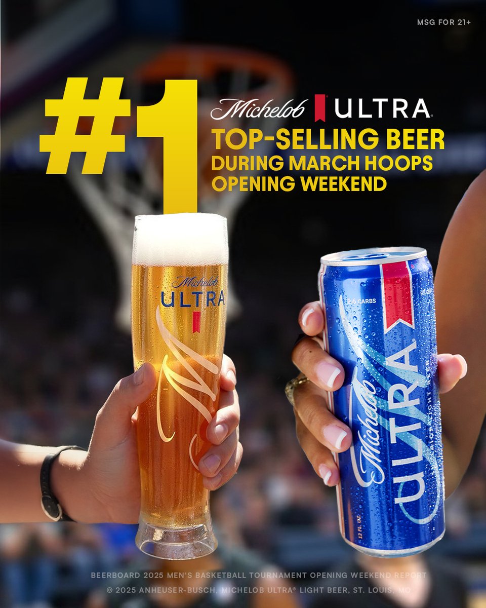 AnheuserBusch's tweet photo. Another slam dunk for @MichelobULTRA! 

Michelob ULTRA was the #1 draft and packaged beer during March Hoops opening weekend. https://t.co/sK7wQ3IZ5A