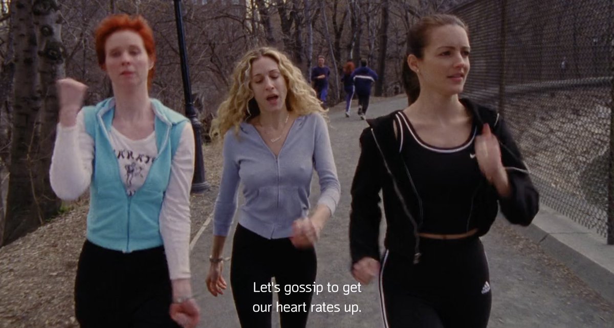 dumbandfunn's tweet image. classic Carrie Bradshaw, attending a workout class mainly because she wants to chat with her friends