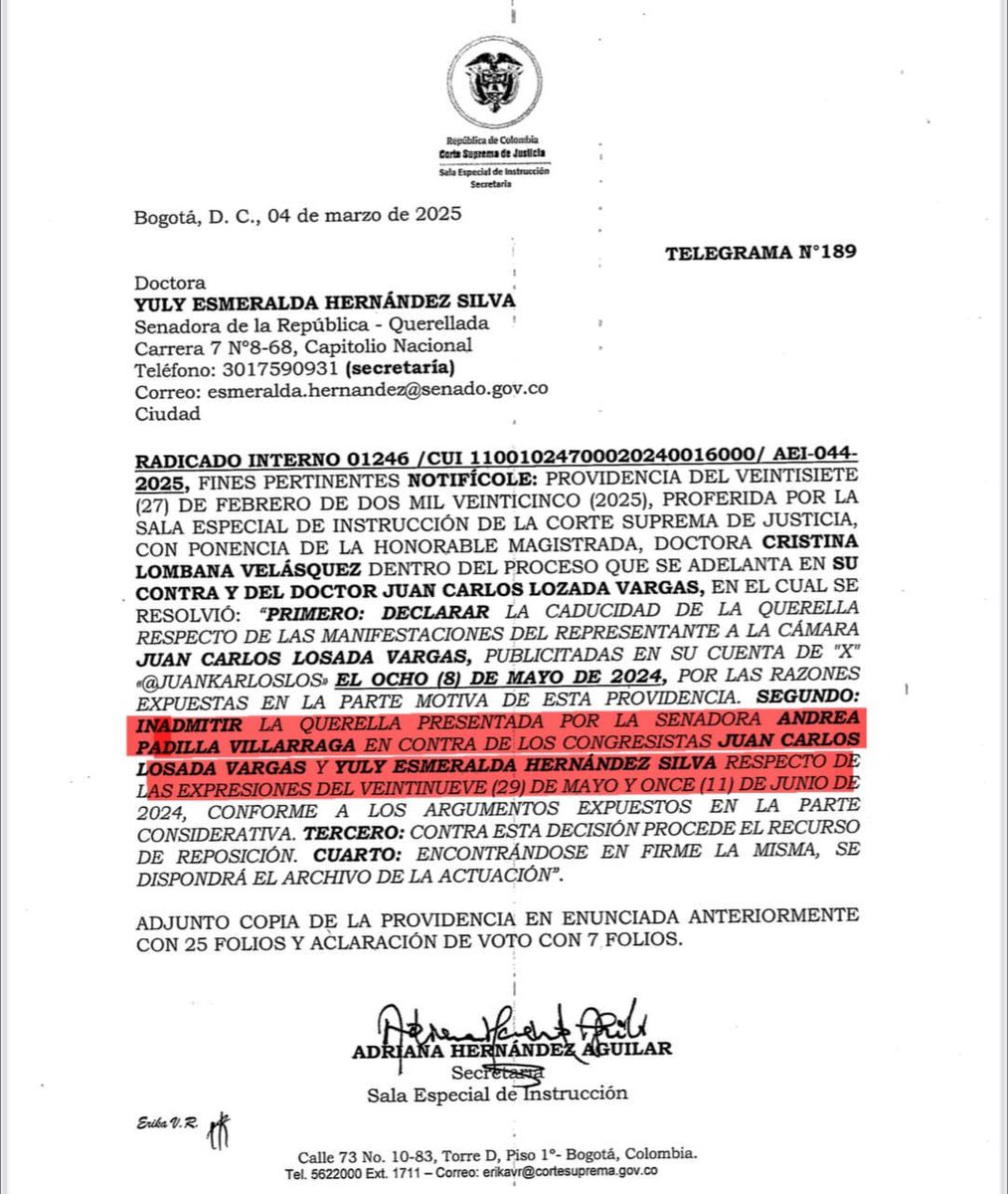 🍃Esmeralda Hernández🍃 (@esmehernandezsi) on Twitter photo Otro ataque: Andrea Padilla nos denunció a <a href="/JuanKarloslos/">Juan Carlos Losada</a> y a mí por contarle al país que ella se opuso a la ley antitaurina por no ser de su autoría, pero la Corte Suprema INADMITIÓ su denuncia por FALTA DE FUNDAMENTO.
No le bastó con oponerse a la ley, aliarse con los ganaderos Otro ataque: Andrea Padilla nos denunció a <a href="/JuanKarloslos/">Juan Carlos Losada</a> y a mí por contarle al país que ella se opuso a la ley antitaurina por no ser de su autoría, pero la Corte Suprema INADMITIÓ su denuncia por FALTA DE FUNDAMENTO.
No le bastó con oponerse a la ley, aliarse con los ganaderos