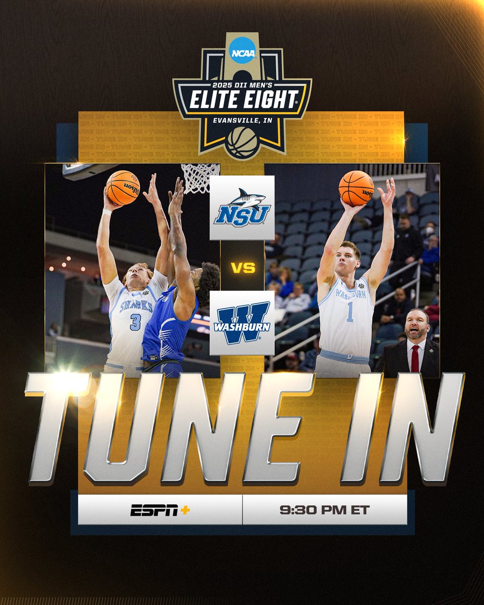 NCAA Division II (@ncaadii) on Twitter photo TUNE IN‼️
1️⃣ <a href="/NSU_MBasketball/">NSU Men’s Basketball</a> 🆚 4️⃣ <a href="/IchabodMBB/">Washburn MBB</a>
⏰ 9:30 PM ET
📍 Evansville, IN
🏟️ Ford Center
📺 b.link/0327D2MBBv2
📊 on.ncaa.com/25D2MBBsf2
🏀 on.ncaa.com/25D2MBBsp
#D2MBB | #MakeItYours TUNE IN‼️
1️⃣ <a href="/NSU_MBasketball/">NSU Men’s Basketball</a> 🆚 4️⃣ <a href="/IchabodMBB/">Washburn MBB</a>
⏰ 9:30 PM ET
📍 Evansville, IN
🏟️ Ford Center
📺 b.link/0327D2MBBv2
📊 on.ncaa.com/25D2MBBsf2
🏀 on.ncaa.com/25D2MBBsp
#D2MBB | #MakeItYours