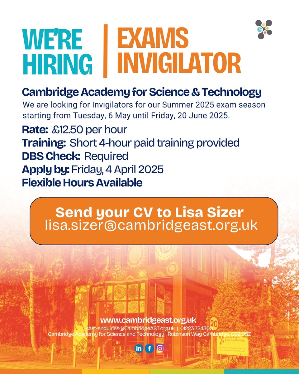 Cambridge Academy for Science and Technology (@cast_education) on Twitter photo Cambridge Academy for Science and Technology (CAST) is hiring Invigilators for the Summer 2025 exam season! π
Send your CV to Lisa Sizer at lisa.sizer@cambridgeast.org.uk
π
Deadline: Friday, 4 April 2025 Cambridge Academy for Science and Technology (CAST) is hiring Invigilators for the Summer 2025 exam season! π
Send your CV to Lisa Sizer at lisa.sizer@cambridgeast.org.uk
π
Deadline: Friday, 4 April 2025