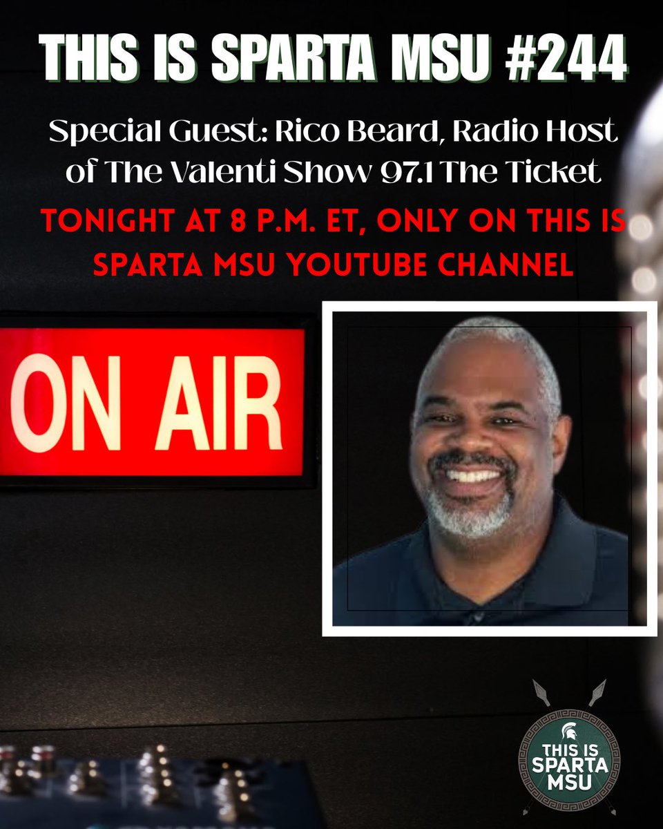 Good morning TISMSU fam! 💚🤍

We will warmly welcome our special guest for tonight’s show: 97.1 FM radio host Rico Beard! Beard is currently host of The Valenti Show. 

Don’t miss it, only on This Is Sparta MSU YouTube channel.🔥🔥

•
#msufootball #msusports #thisisspartamsu