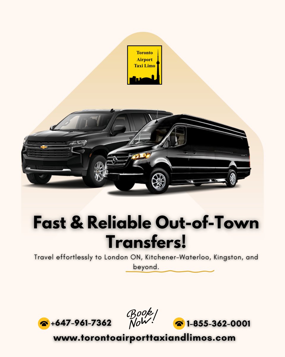TorontoAir91020's tweet photo. ๐ Fast & Reliable Out-of-Town Transfers! โจ
Skip the stress and travel in style! Whether you're heading to London ON, Kitchener-Waterloo, Kingston, or beyond, ๐๐จ
https://t.co/88Y0Ibd0tv to book your ride now!
#TorontoAirportTaxi #LuxuryTravel #AirportTransfer #TorontoLimo https://t.co/afsqOl0mEM