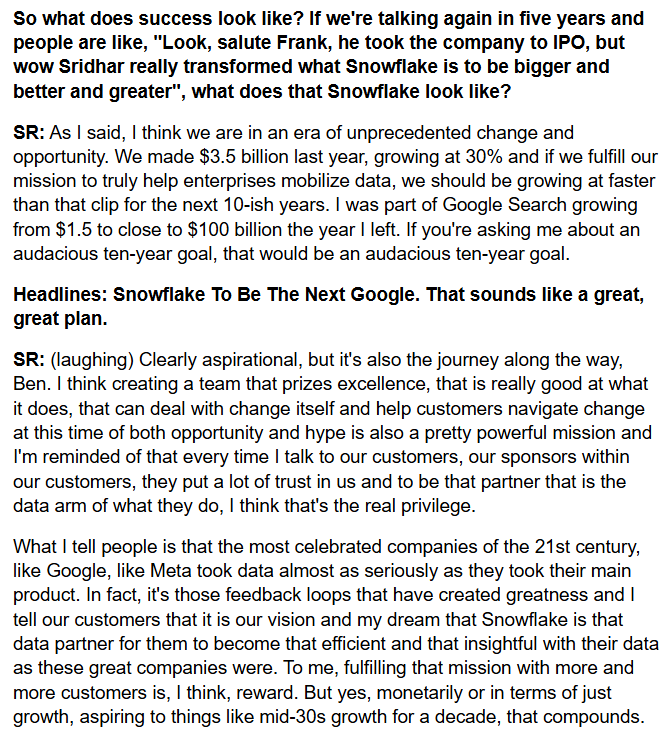 As a shareholder of Snowflake, I 💯believe that Sridhar is the right Ceo for the business and can deliver on the aspirational goal of growing 30% for the next decade.  

<a href="/RamaswmySridhar/">sridhar</a> 
$SNOW