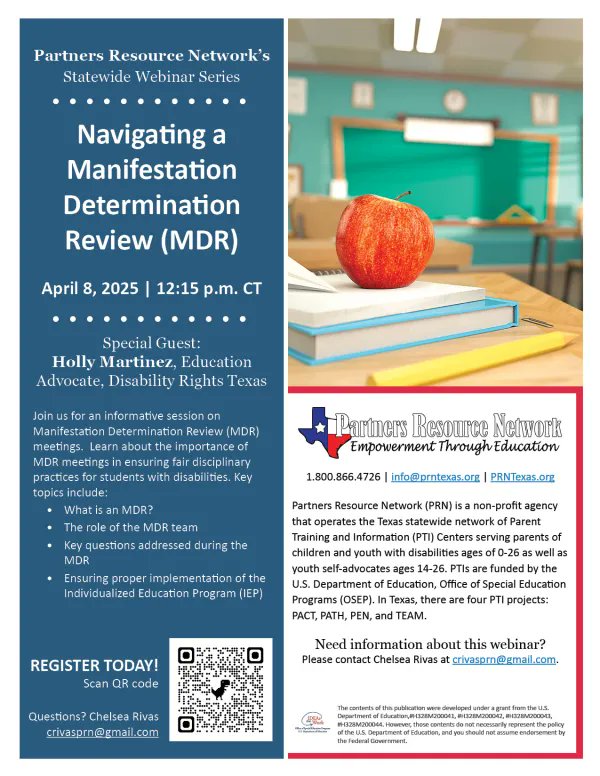 PartnersResource (@prntexas) on Twitter photo Join us for an informative session on Manifestation Determination Review (MDR) meetings. Presenter: Holly Martinez, <a href="/DisRightsTx/">Disability Rights Texas</a>
Register HERE: us02web.zoom.us/.../WN_k5rtWJN…... Join us for an informative session on Manifestation Determination Review (MDR) meetings. Presenter: Holly Martinez, <a href="/DisRightsTx/">Disability Rights Texas</a>
Register HERE: us02web.zoom.us/.../WN_k5rtWJN…...