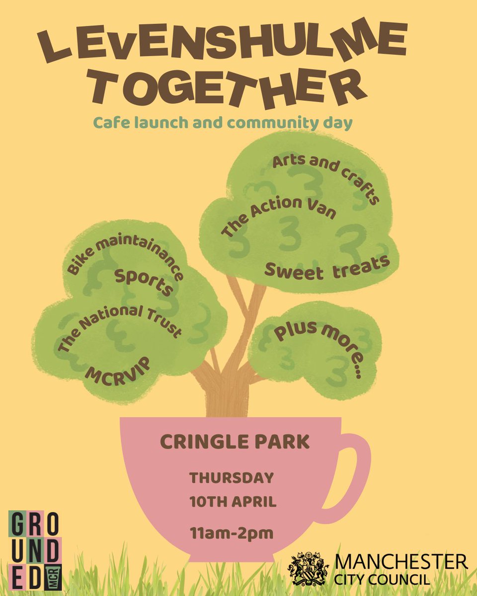 You may have heard that Cringle Park has recently opened it's brand new Café ran by the amazing people at  Grounded MCR...👀

To celebrate we are hosting a fun-filled community day on Thursday 10th April 11am-2pm in Cringle Park 🤩

This is an open event and free to all💚