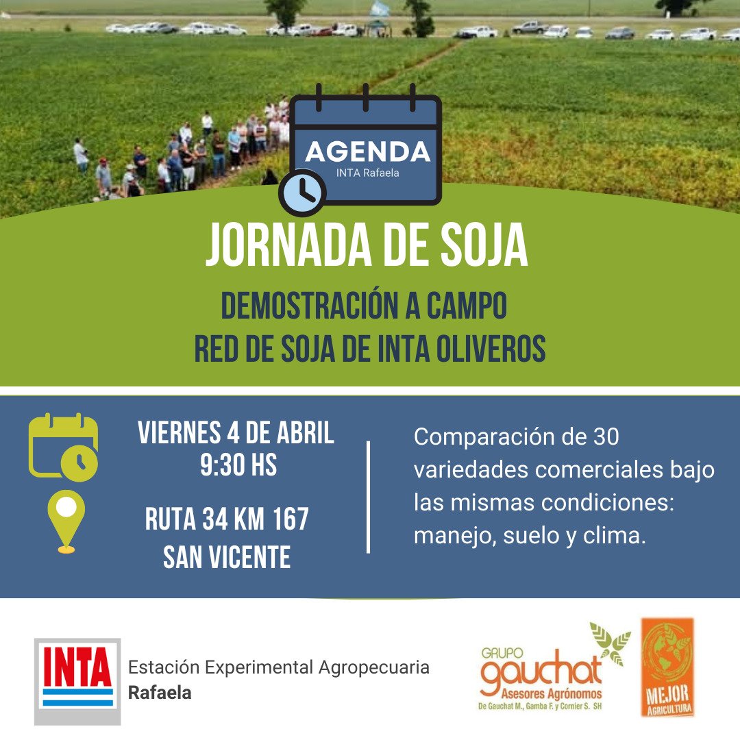 JORNADA DE SOJA
Te invitamos a la Jornada de Soja de la Red de Soja del INTA Oliveros, donde podrás conocer el desempeño de 30 variedades comerciales bajo las mismas condiciones de manejo, suelo y clima
Viernes 4/4, 9:30 hs, San Vicente, Ruta 34 km 167
leongiacossa.c@inta.gob.ar