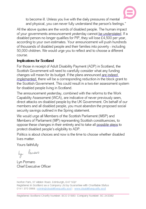 Politics is about choices and now is the time for the UK Government to choose whether disabled lives matter.

The @DEScotweets CEO has today responded in an open letter to the Prime Minister, regarding the UK Government's Spring Statement yesterday.