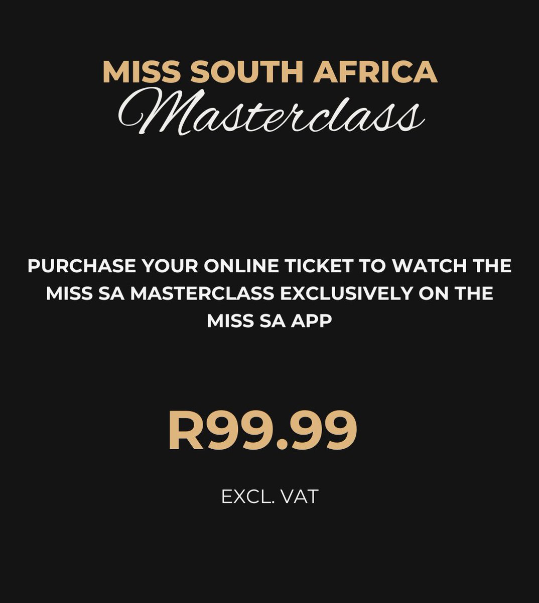 The Miss SA Masterclass is here! 👑✨
 
Now’s your chance to learn from the experts with exclusive insights, wisdom, and advice—available ONLY on the Miss SA App! 📲
 
💄 Bonus: A must-watch makeup tutorial !
💰 Purchase your online ticket on the Miss SA App for only R99.99