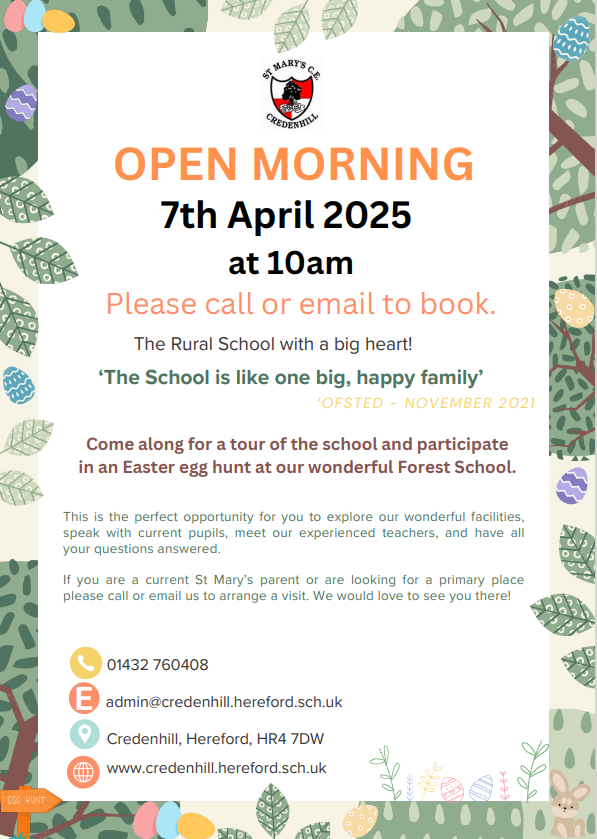 Come along and join us on 7th April 2025 for a tour of our school and a Forest School Easter egg hunt.