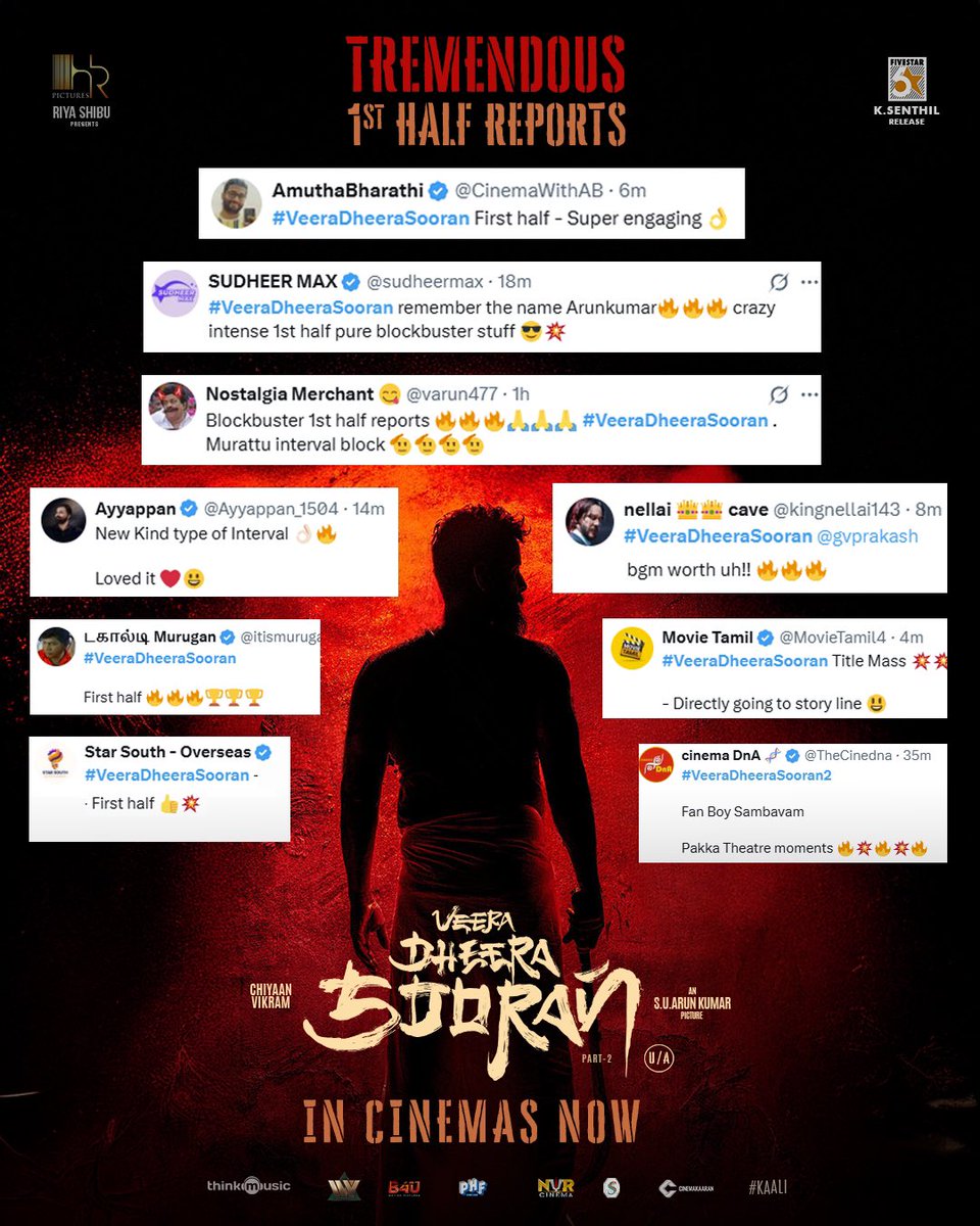 TREMENDOUS FIRST HALF REPORTS  for #VeeraDheeraSooran 🤘

#Kaali arrived in a style💥

linktr.ee/VDSBookings?ut…

An #SUArunKumar Picture 🎬
A <a href="/gvprakash/">G.V.Prakash Kumar</a> musical 🪈🎶

Produced by <a href="/hr_pictures/">HR Pictures</a> <a href="/riyashibu_/">riya</a> 

<a href="/chiyaan/">Vikram</a> <a href="/iam_SJSuryah/">S J Suryah</a> #surajvenjaramoodu 
 <a href="/officialdushara/">Dushara</a> <a href="/thenieswar/">Thenieswar</a>