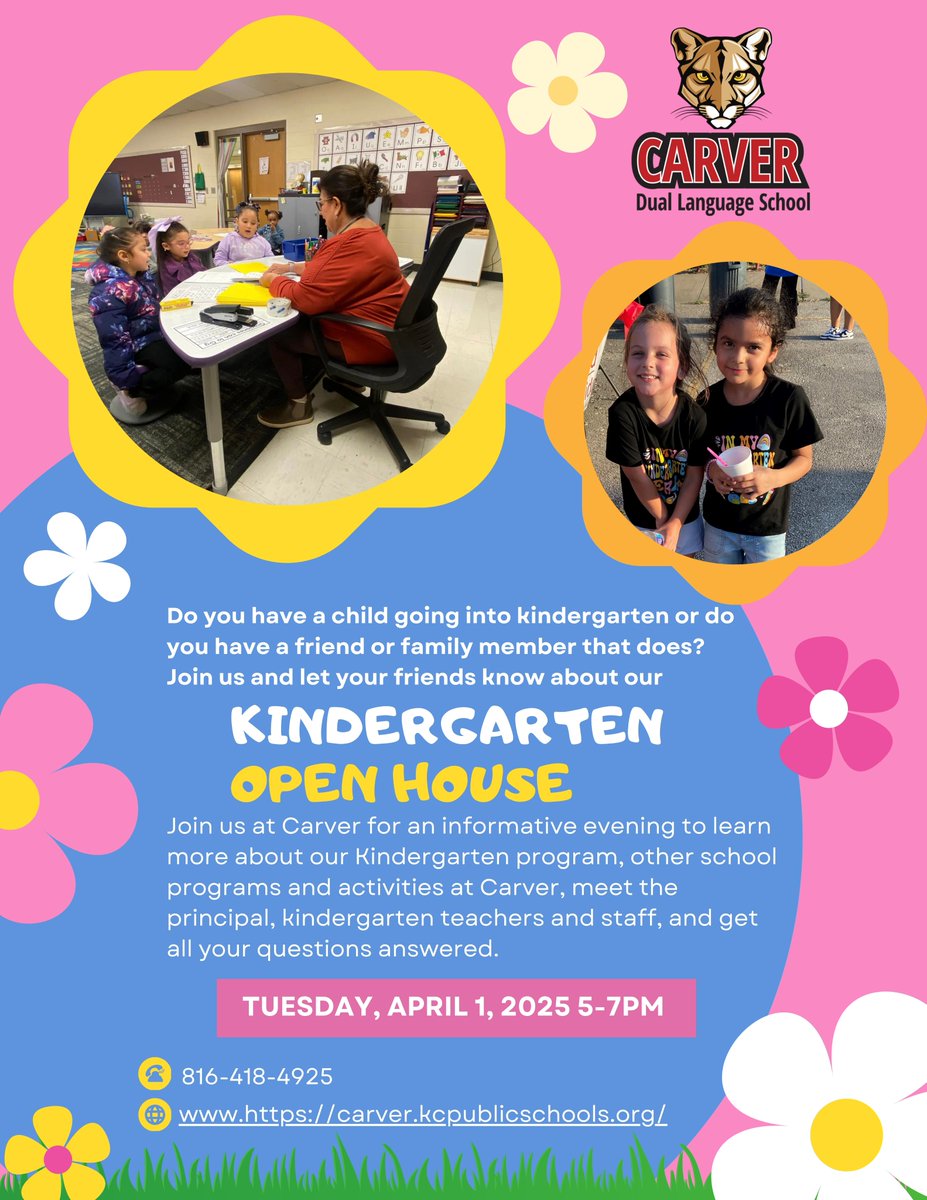 Do you have a child going into kindergarten or do you have a friend or family member that does? Join us and let your friends know about our Kindergarten open house at Carver on April 1st from 5-7pm.