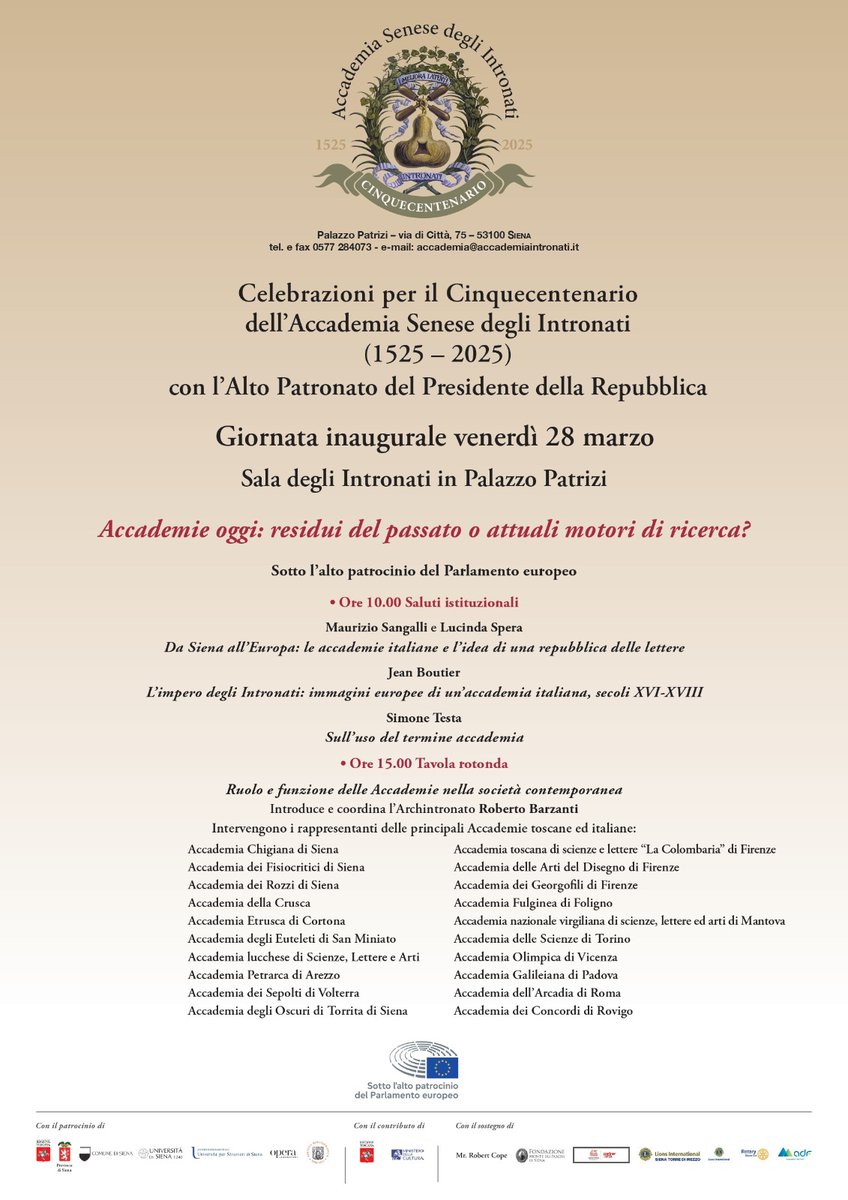 Domani a Siena si discute di accademie e cultura, in occasione dei 500 anni dell'Accademia degli Intronati. Con Lucinda Spera, Maurizio Sangalli, Jean Boutier, Simone Testa. Tante le accademie coinvolte.
<a href="/unisiena/">Università di Siena</a> <a href="/unistrasi/">unistrasi</a> <a href="/regionetoscana/">Regione Toscana</a> <a href="/EugenioGiani/">Eugenio Giani</a> <a href="/CGiachi/">Cristina Giachi</a> <a href="/ComuneDiSiena/">Comune di Siena</a>