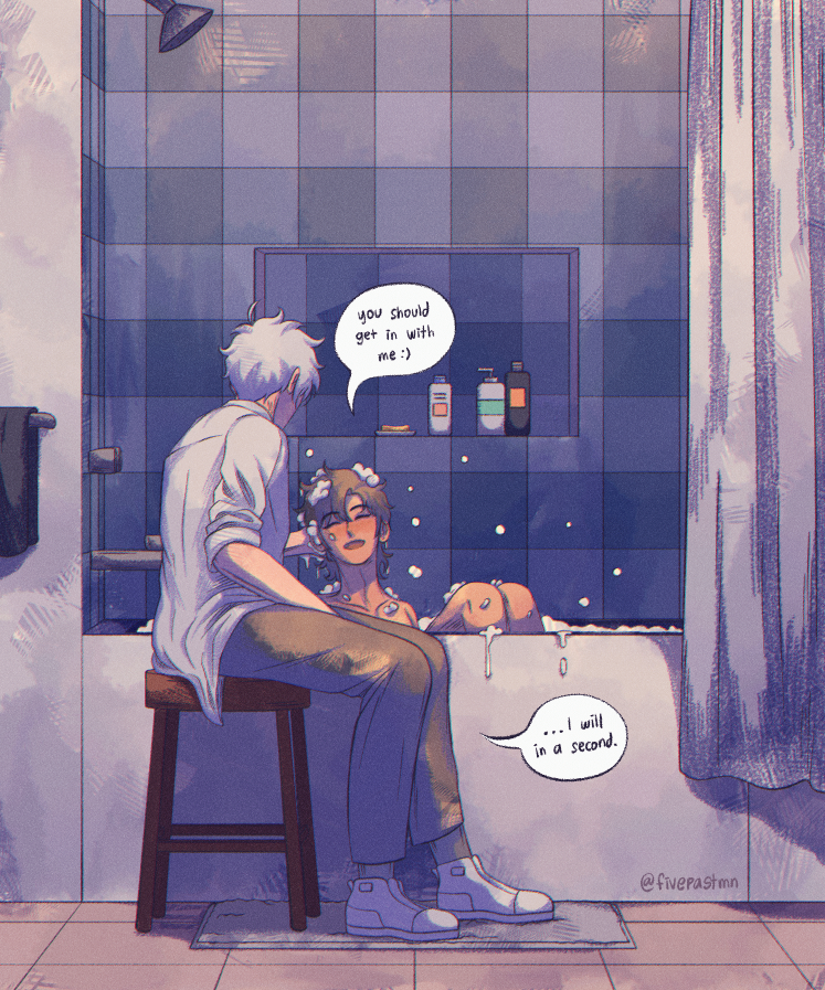 Art of Cheng Xiaoshi and Lu Guang. They’re in the bathroom together, with Cheng Xiaoshi in the tub having a bubble bath and Lu Guang sitting on a stool next to it. Lu Guang is washing Cheng Xiaoshi’s hair and Cheng Xiaoshi is smiling up at him, telling him that he should also get in the tub. Lu Guang replies, with a slight hesitance, that he will join him in a second. The art has cool tones.