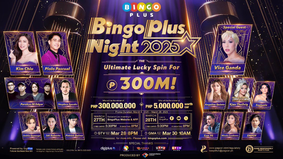Happy Anniversary mga ka-BP💜
 
Mark your calendars, dahil we are up for something epic this March 28, 2025! 🎊 

Catch BingoPlus Night 2025 Live on BP’ s official Facebook, YouTube, and X pages for a night full of jaw-dropping performances and thrilling surprises! The fun starts