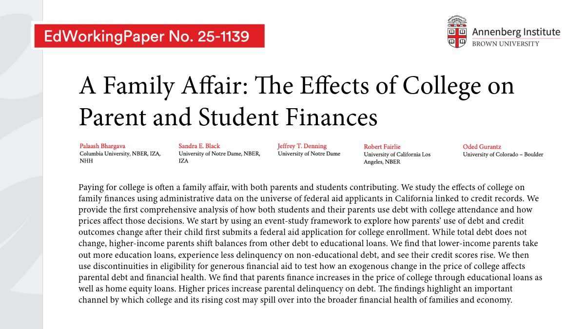 Annenberg Institute at Brown (@annenberginst) on Twitter photo 📢 #EdWorkingPapers: College isn’t just a student investment—it reshapes family finances, affecting parents’ debt, borrowing decisions, and credit scores.
🔍 Authors: <a href="/palaashbhargava/">Palaash Bhargava</a>, <a href="/Econ_Sandy/">Sandy Black</a>, <a href="/JeffDenning/">Jeff Denning</a>, <a href="/RobertFairlie6/">Robert Fairlie</a>, & Oded Gurantz
📄 buff.ly/wlKC2fX 📢 #EdWorkingPapers: College isn’t just a student investment—it reshapes family finances, affecting parents’ debt, borrowing decisions, and credit scores.
🔍 Authors: <a href="/palaashbhargava/">Palaash Bhargava</a>, <a href="/Econ_Sandy/">Sandy Black</a>, <a href="/JeffDenning/">Jeff Denning</a>, <a href="/RobertFairlie6/">Robert Fairlie</a>, & Oded Gurantz
đź“„ buff.ly/wlKC2fX