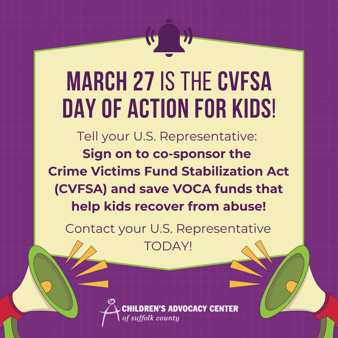 SuffolkCAC's tweet photo. ๐งต 1/3 Today, the @NCAforCACs and CACs nationwide have committed to a CVFSA Day of Action for kids in a coordinated effort to cut through the noise so that conversations about our child abuse victims will be heard! #CVFSA4Kids #VOCAFix https://t.co/m92tfovTzl