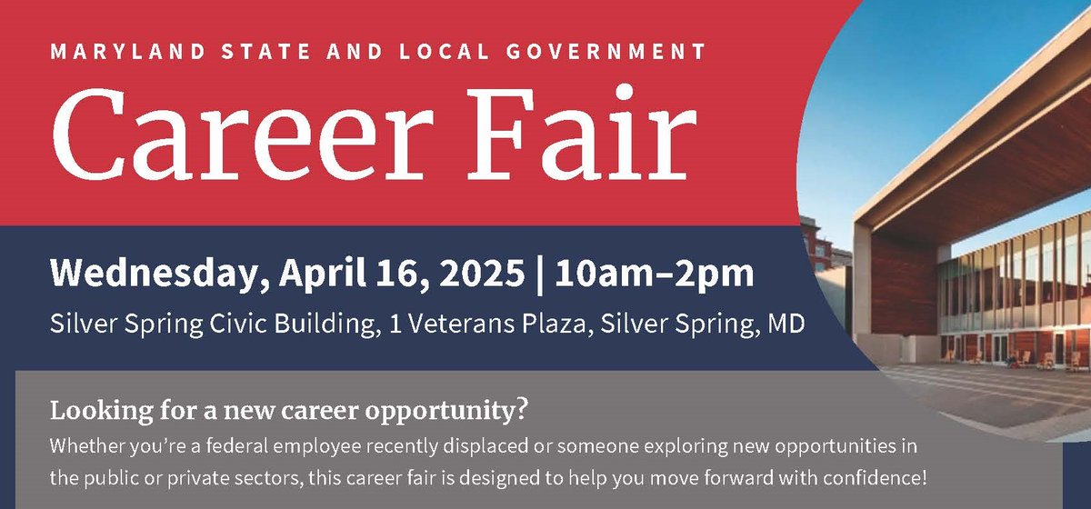 BSOS @ UMD (@bsosumd) on Twitter photo Calling all soon-to-be graduates, and those looking for a new career opportunity 📢: <a href="/cdceumd/">Center for Democracy and Civic Engagement (CDCE)</a> is co-hosting a Maryland State and Local Government Career Fair on Wednesday, April 16 from 10 a.m.-2 p.m. at the Silver Spring Civic Building!
Register at bit.ly/mdgovcareerfair. Calling all soon-to-be graduates, and those looking for a new career opportunity 📢: <a href="/cdceumd/">Center for Democracy and Civic Engagement (CDCE)</a> is co-hosting a Maryland State and Local Government Career Fair on Wednesday, April 16 from 10 a.m.-2 p.m. at the Silver Spring Civic Building!
Register at bit.ly/mdgovcareerfair.