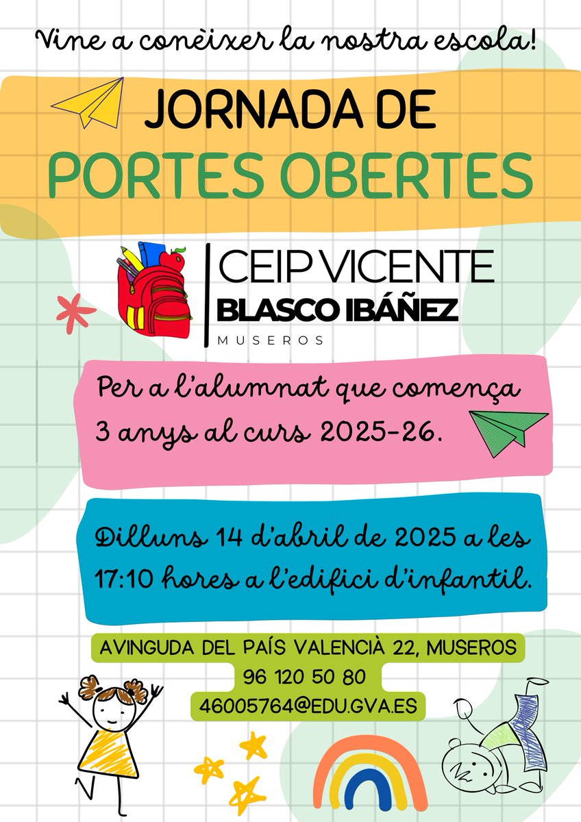 Ajuntament de Museros (@aj_museros) on Twitter photo 🎒 Si el teu fill o la teua filla començarà infantil de 3 anys el curs 2025-26, el CEIP Vicente Blasco Ibáñez t’espera en la jornada de portes obertes.
🗓️ Dilluns, 14 d’abril
ℹ️ Més informació: 96 120 50 80 / 46005764@edu.gva.es
📍 Avinguda del País Valencià, 22 – Museros 🎒 Si el teu fill o la teua filla començarà infantil de 3 anys el curs 2025-26, el CEIP Vicente Blasco Ibáñez t’espera en la jornada de portes obertes.
🗓️ Dilluns, 14 d’abril
ℹ️ Més informació: 96 120 50 80 / 46005764@edu.gva.es
📍 Avinguda del País Valencià, 22 – Museros